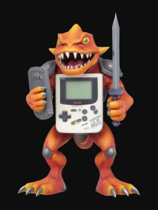 3D model for Sega game gear monster rectangle game boy body with a monster mouth arms and legs game asset battle ready holding a shield and a sword in a cartoon style oversized characteristics