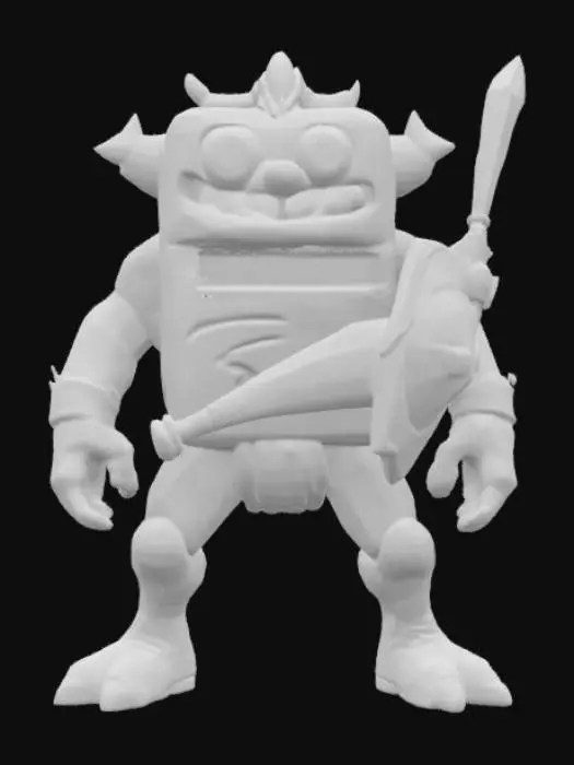 3D model for Sega game gear monster rectangle game boy body with a monster mouth arms and legs game asset battle ready holding a shield and a sword in a cartoon style oversized characteristics
