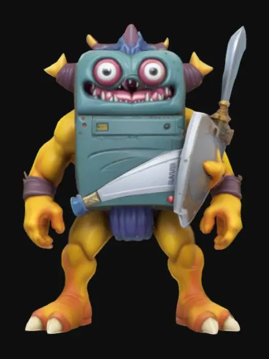 3D model for Sega game gear monster rectangle game boy body with a monster mouth arms and legs game asset battle ready holding a shield and a sword in a cartoon style oversized characteristics
