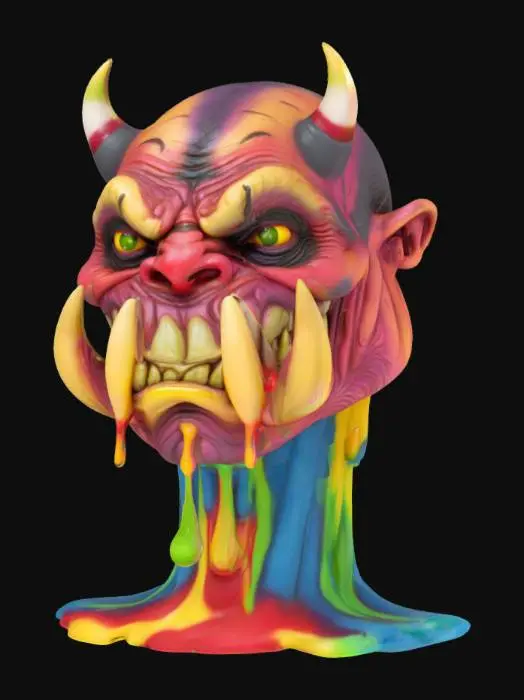 3D model for An orc character bust in a big Daddy Roth style with grotesque features that are over exaggerated. He is melting like a colorful wax candle multi color 