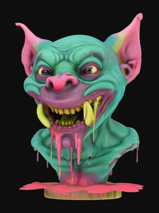3D model for An orc character bust in a big Daddy Roth style with grotesque features that are over exaggerated. He is melting like a colorful wax candle multi color 