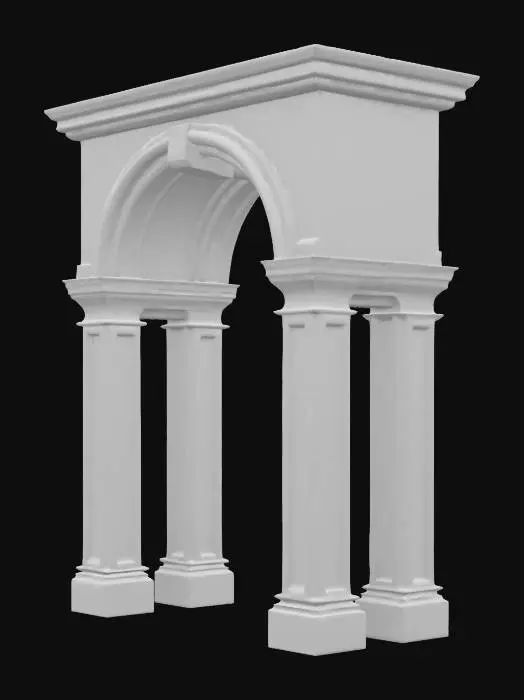 3D model for Create a 4K game-ready realistic 3D model of a monumental stone archway The arch is light gray with classical detailing, coffered inner ceiling,  atop rectangular stone pedestals, The scene is symmetrical and grounded on a dirt path leading into a treelined background. Capture natural stone textures highly detailed stone hand made realism., #arch#, 









