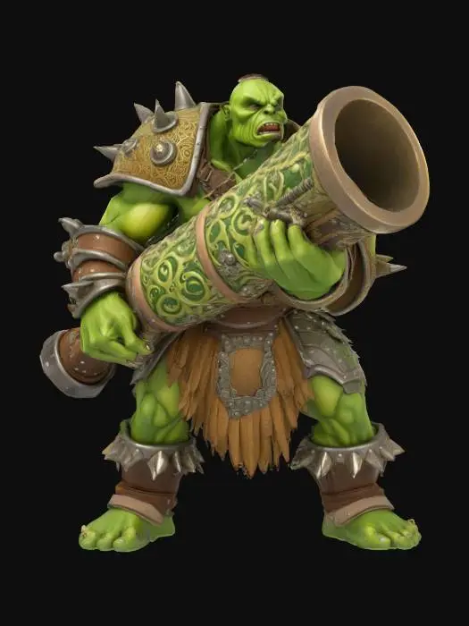3D model for orc barbarian with stone hand made armor holding a stone canon 