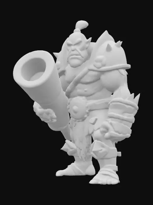 3D model for orc barbarian with stone hand made armor holding a stone canon 