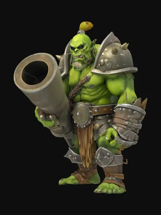 3D model for orc barbarian with stone hand made armor holding a stone canon 