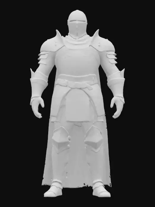 3D model for An ancient, battle-worn knight is encased in dark, oxidized steel armor, deeply scarred and pitted from countless conflicts. The metal's surface is rough and matte, absorbing light rather than reflecting it, with patches of deep rust clinging to rivets and crevices. The silhouette is heavy and utilitarian, lacking ornate details, and the gauntlets are thick, clunky, and worn smooth at the fingertips. This armor evokes a sense of enduring history and gritty, formidable resilience.