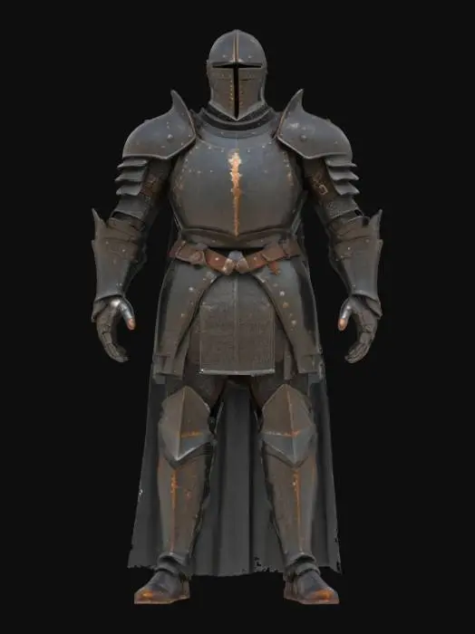 3D model for An ancient, battle-worn knight is encased in dark, oxidized steel armor, deeply scarred and pitted from countless conflicts. The metal's surface is rough and matte, absorbing light rather than reflecting it, with patches of deep rust clinging to rivets and crevices. The silhouette is heavy and utilitarian, lacking ornate details, and the gauntlets are thick, clunky, and worn smooth at the fingertips. This armor evokes a sense of enduring history and gritty, formidable resilience.