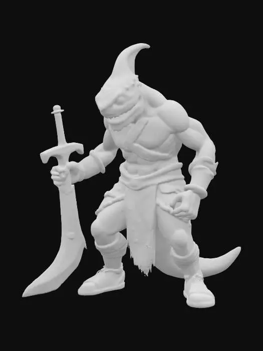 3D model for extremely detailed hammerhead shark fantasy warrior, in a crouched position. he is in leather clothing, 4k, holding a handmade carved rock sword, deeply detailed DnD style , #ocean#