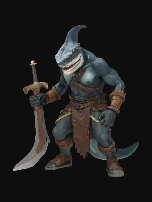 3D model for extremely detailed hammerhead shark fantasy warrior, in a crouched position. he is in leather clothing, 4k, holding a handmade carved rock sword, deeply detailed DnD style , #ocean#