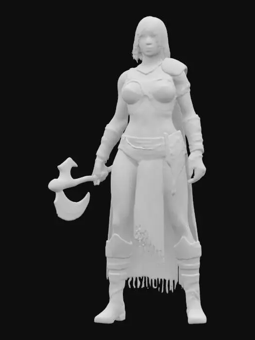 3D model for A fierce female barbarian figure, characterized by her athletic build and confident posture, possesses smooth, tanned skin. Her short, tousled auburn hair contrasts with a stark white forehead band. She is clad in dark, matte bronze armor, consisting of a form-fitting bustier with intricate sculpted patterns and a short, worn light-brown loincloth. Her armbands are made of a slightly textured, grey-white material. She grips a massive, polished steel scimitar with a curved, pointed blade and a dark, sturdy axe.