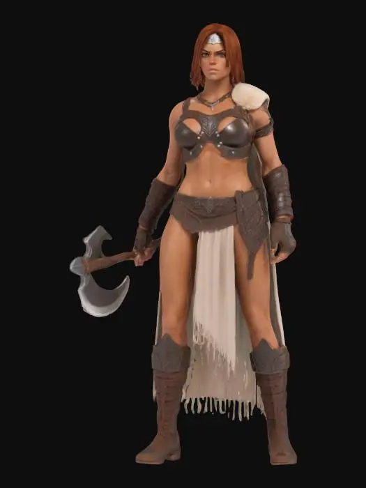 3D model for A fierce female barbarian figure, characterized by her athletic build and confident posture, possesses smooth, tanned skin. Her short, tousled auburn hair contrasts with a stark white forehead band. She is clad in dark, matte bronze armor, consisting of a form-fitting bustier with intricate sculpted patterns and a short, worn light-brown loincloth. Her armbands are made of a slightly textured, grey-white material. She grips a massive, polished steel scimitar with a curved, pointed blade and a dark, sturdy axe.