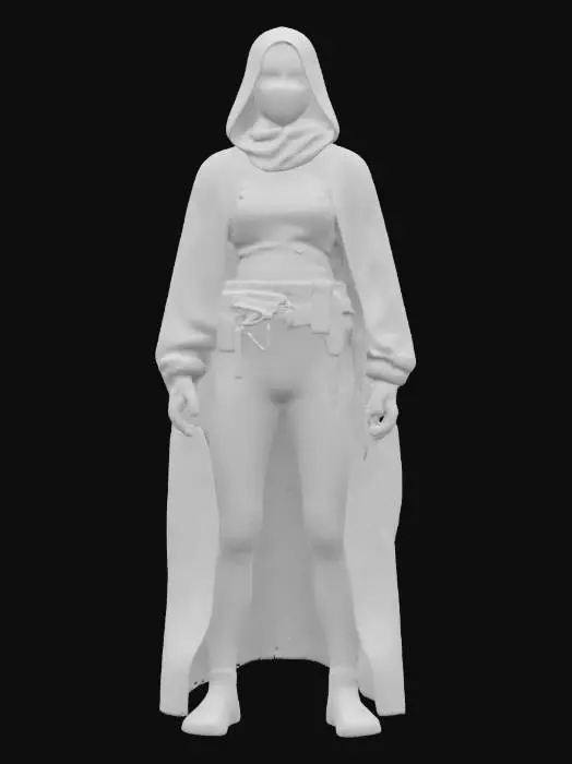 3D model for A lithe female ninja figure, agile and poised for stealth, is clad in a seamless, matte black suit of tactical fabric that molds to her athletic form. The material appears smooth and silent, allowing for effortless movement, with subtle textured panels on joints for flexibility. Her face is mostly obscured by a dark mask, revealing only piercing, focused eyes. She carries slim, dark shuriken tucked into a utility belt, appearing completely unnoticeable.