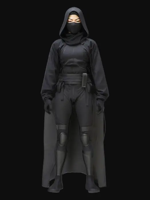 3D model for A lithe female ninja figure, agile and poised for stealth, is clad in a seamless, matte black suit of tactical fabric that molds to her athletic form. The material appears smooth and silent, allowing for effortless movement, with subtle textured panels on joints for flexibility. Her face is mostly obscured by a dark mask, revealing only piercing, focused eyes. She carries slim, dark shuriken tucked into a utility belt, appearing completely unnoticeable.