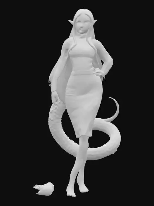 3D model for A striking female lamia character with long, flowing white hair and pointed ears, featuring warm brown skin and golden eyes. She wears a form-fitting lavender ribbed turtleneck and a snug dark purple pencil skirt. Her lower body transitions into a thick, muscular snake tail, predominantly a vibrant red with large, creamy-white ventral scales running down its length, giving it a distinctive textured appearance. The tail's scales appear smooth yet firm to the touch.