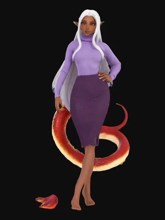 3D model for A striking female lamia character with long, flowing white hair and pointed ears, featuring warm brown skin and golden eyes. She wears a form-fitting lavender ribbed turtleneck and a snug dark purple pencil skirt. Her lower body transitions into a thick, muscular snake tail, predominantly a vibrant red with large, creamy-white ventral scales running down its length, giving it a distinctive textured appearance. The tail's scales appear smooth yet firm to the touch.