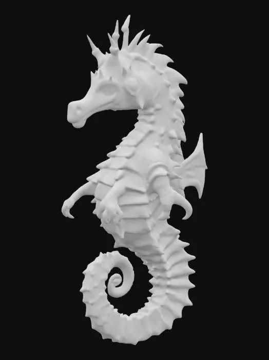 3D model for A magnificent, imposing seahorse, scaled for battle, boasts a robust, armored body of deep sapphire blue, with iridescent scales that shift to emerald green along its ridge and fins. Its powerful, prehensile tail is coiled, ready for propulsion, and its large eyes convey ancient wisdom. It wears a saddle crafted from polished, hardened coral and tough, woven bioluminescent kelp, secured by a complex bridle of similar materials, giving it a rigid yet organic feel., #ocean#