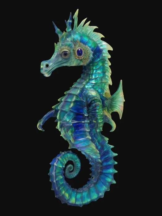 3D model for A magnificent, imposing seahorse, scaled for battle, boasts a robust, armored body of deep sapphire blue, with iridescent scales that shift to emerald green along its ridge and fins. Its powerful, prehensile tail is coiled, ready for propulsion, and its large eyes convey ancient wisdom. It wears a saddle crafted from polished, hardened coral and tough, woven bioluminescent kelp, secured by a complex bridle of similar materials, giving it a rigid yet organic feel., #ocean#