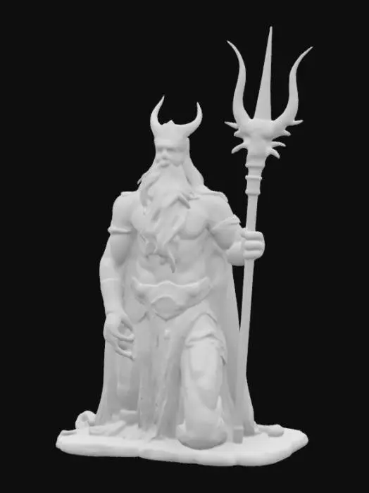 3D model for A majestic Poseidon, King of the Sea, kneels with powerful reverence, his muscular form sculpted from shimmering, polished bronze that glows with an internal, deep aquamarine light. His long, flowing beard and hair appear like frothing sea foam, crafted from finely spun silver threads, giving them a delicate, ethereal texture. He holds a weighty, trident, made of rough, barnacle-encrusted ancient coral and smoothed gold, emphasizing his dominant, godly presence.