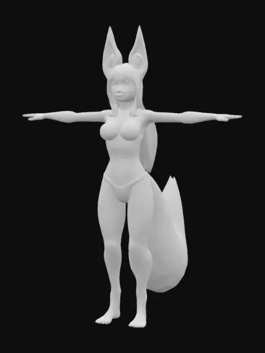 3D model for A captivating female character with long, voluminous hair and fox-like ears and a tail, all rendered as dynamic, swirling flames in shades of bright orange and yellow, appearing luminous and alive. Her skin is a smooth, warm tan, contrasting with her glowing orange eyes and subtle facial features. She wears a simple, matte black bandeau bikini top and matching bottom, which appear soft and form-fitting against her figure. Her posture is confident, with hands on her hips, radiating a fiery, energetic presence.