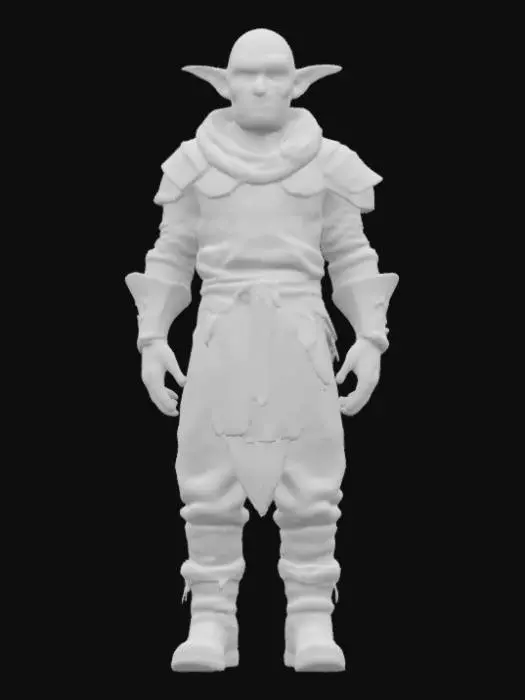 3D model for A ancient-looking goblinoid character with a perpetually grumpy expression, its entire body appearing heavily textured and worn. The skin is a blend of pale and dark browns with hints of orange, crisscrossed with deep fissures. Its eyes are dark, small, and intense, set within a heavily furrowed face. Its attire consists of a dark, layered tunic and segmented armor that seems to be made of rough, dull metal and thick, distressed leather, all adding to its gnarled form.