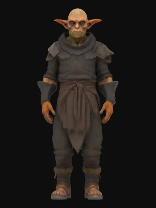 3D model for A ancient-looking goblinoid character with a perpetually grumpy expression, its entire body appearing heavily textured and worn. The skin is a blend of pale and dark browns with hints of orange, crisscrossed with deep fissures. Its eyes are dark, small, and intense, set within a heavily furrowed face. Its attire consists of a dark, layered tunic and segmented armor that seems to be made of rough, dull metal and thick, distressed leather, all adding to its gnarled form.