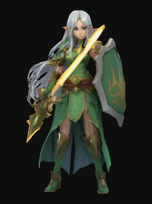 3D model for Elf warrior anime style girl full body standing in an a pose legend of Zelda style, dragon ball z style, 