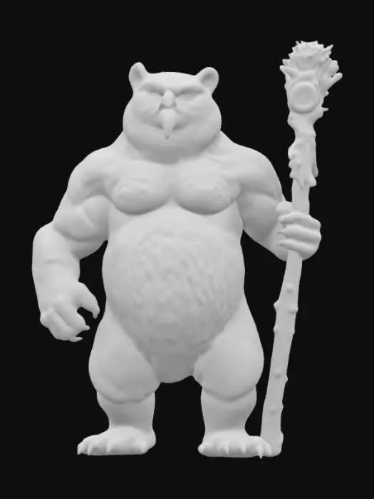 3D model for Game ready owl Bear full body muscular dnd style holding a wooden staff 