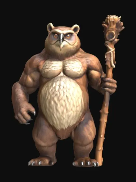 3D model for Game ready owl Bear full body muscular dnd style holding a wooden staff 