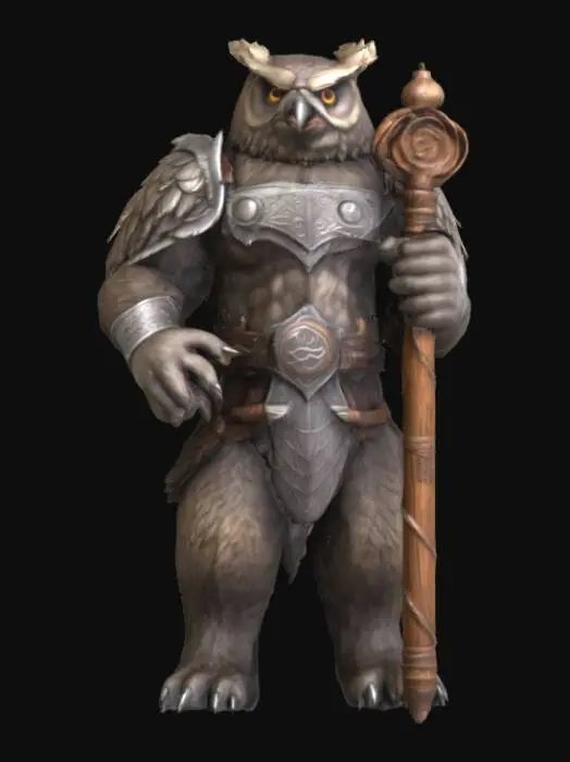 3D model for Game ready owl Bear full body muscular dnd style holding a wooden staff 