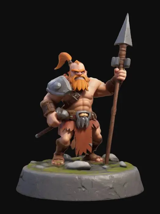 3D model for Clash of Clans, barbarian on a round game ready base with rocks and terrain, Battle Pose highly detailed