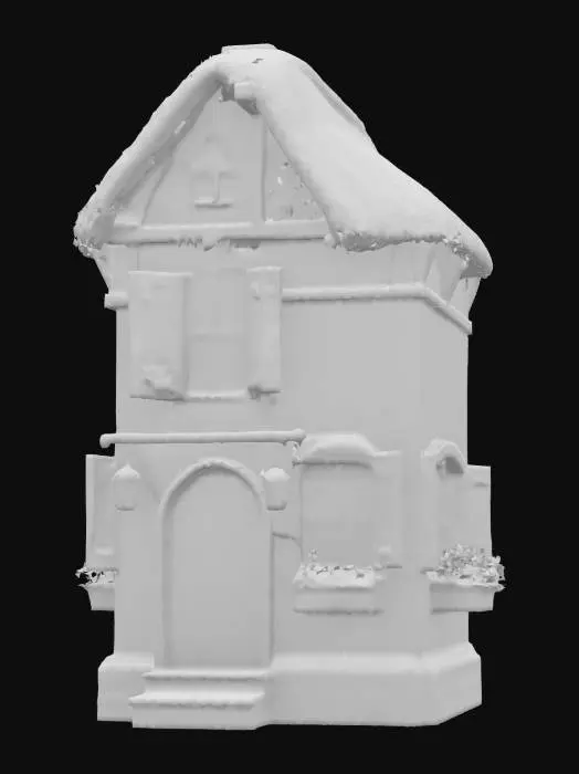 3D model for A delightful cottage structure featuring a deeply layered, straw-colored thatched roof with a pronounced overhang, giving it a fluffy, rustic texture. The main walls are a smooth, off-white plaster, accented by decorative dark wooden beams. Three multi-paned windows boast vibrant lime-green wooden shutters, beneath which overflowing flower boxes burst with diverse, bright blooms. A warm brown wooden arched door defines the entrance, complemented by a grey stone chimney and base, presenting a quaint, inviting appearance.