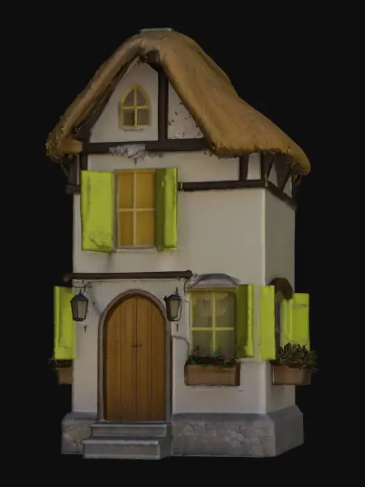 3D model for A delightful cottage structure featuring a deeply layered, straw-colored thatched roof with a pronounced overhang, giving it a fluffy, rustic texture. The main walls are a smooth, off-white plaster, accented by decorative dark wooden beams. Three multi-paned windows boast vibrant lime-green wooden shutters, beneath which overflowing flower boxes burst with diverse, bright blooms. A warm brown wooden arched door defines the entrance, complemented by a grey stone chimney and base, presenting a quaint, inviting appearance.