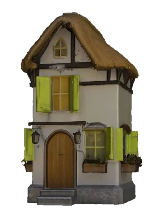 A delightful cottage structure featuring a deeply layered, straw-colored thatched… - Shutters 3D model, vytvořený pomocí AI