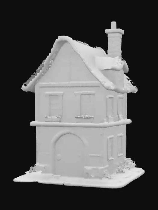 3D model for A delightful cottage structure featuring a deeply layered, straw-colored thatched roof with a pronounced overhang, giving it a fluffy, rustic texture. The main walls are a smooth, off-white plaster, accented by decorative dark wooden beams. Three multi-paned windows boast vibrant lime-green wooden shutters, beneath which overflowing flower boxes burst with diverse, bright blooms. A warm brown wooden arched door defines the entrance, complemented by a grey stone chimney and base, presenting a quaint, inviting appearance.