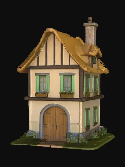 3D model for A delightful cottage structure featuring a deeply layered, straw-colored thatched roof with a pronounced overhang, giving it a fluffy, rustic texture. The main walls are a smooth, off-white plaster, accented by decorative dark wooden beams. Three multi-paned windows boast vibrant lime-green wooden shutters, beneath which overflowing flower boxes burst with diverse, bright blooms. A warm brown wooden arched door defines the entrance, complemented by a grey stone chimney and base, presenting a quaint, inviting appearance.