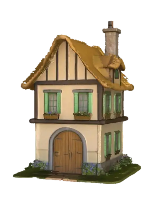 A delightful cottage structure featuring a deeply layered, straw-colored thatched… - Shutters 3D model, vytvořený pomocí AI