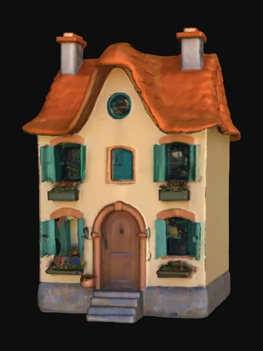 3D model for A charming, storybook cottage with a thick, rounded, vibrant orange-brown thatched roof that appears shaggy and soft. Its cream-colored walls are subtly textured, featuring bright green wooden shutters on blue-paned windows, which are adorned with colorful flower boxes. A sturdy, arched wooden door with a simple handle is centrally placed. The base of the cottage has a grey stone foundation, and a small, rectangular chimney rises from the roof, all contributing to a cozy, inviting structure.