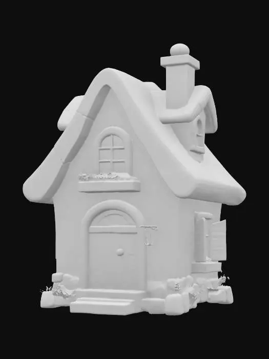 3D model for A charming, storybook cottage with a thick, rounded, vibrant orange-brown thatched roof that appears shaggy and soft. Its cream-colored walls are subtly textured, featuring bright green wooden shutters on blue-paned windows, which are adorned with colorful flower boxes. A sturdy, arched wooden door with a simple handle is centrally placed. The base of the cottage has a grey stone foundation, and a small, rectangular chimney rises from the roof, all contributing to a cozy, inviting structure.