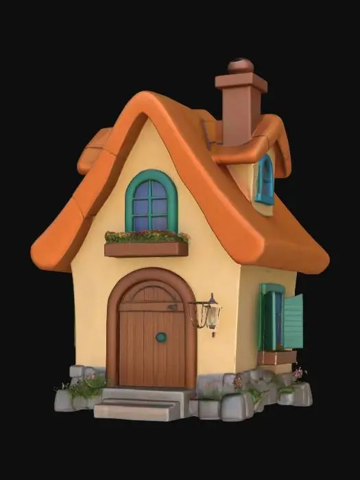 3D model for A charming, storybook cottage with a thick, rounded, vibrant orange-brown thatched roof that appears shaggy and soft. Its cream-colored walls are subtly textured, featuring bright green wooden shutters on blue-paned windows, which are adorned with colorful flower boxes. A sturdy, arched wooden door with a simple handle is centrally placed. The base of the cottage has a grey stone foundation, and a small, rectangular chimney rises from the roof, all contributing to a cozy, inviting structure.