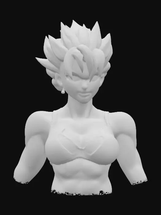 3D model for A powerful female Dragon Ball Z fighter bust, sculpted with an intensely determined expression and sharp, expressive eyes. Her iconic, spiky hair, characteristic of the anime, flares dramatically upwards and outwards, suggesting immense energy. Her neck and shoulders are exceptionally muscular and well-defined, showcasing a dynamic, stylized physique. The entire model has a smooth, vibrant plastic or resin finish, with bold, clean lines, ideal for 3d printing a collectible figure.