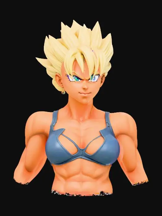3D model for A powerful female Dragon Ball Z fighter bust, sculpted with an intensely determined expression and sharp, expressive eyes. Her iconic, spiky hair, characteristic of the anime, flares dramatically upwards and outwards, suggesting immense energy. Her neck and shoulders are exceptionally muscular and well-defined, showcasing a dynamic, stylized physique. The entire model has a smooth, vibrant plastic or resin finish, with bold, clean lines, ideal for 3d printing a collectible figure.
