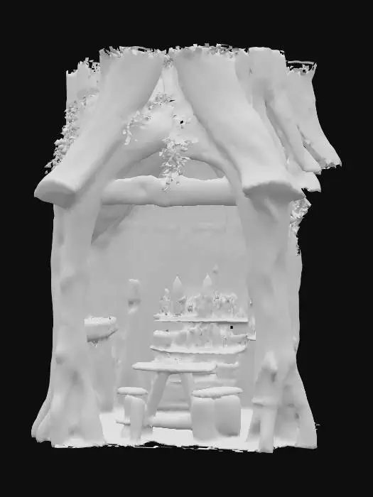 3D model for A rustic, open-fronted wooden structure crafted from massive, gnarled tree trunks and rough-hewn logs forming its walls and roof, giving it a deeply textured, organic appearance. The wood is a rich, varied brown, with visible bark and natural crevices. Its roof is partially covered with lush green foliage, appearing soft and leafy. Inside, sturdy wooden shelves are packed with numerous bottles and books, while a rough-hewn table and stools furnish the space, all made from raw, natural wood.