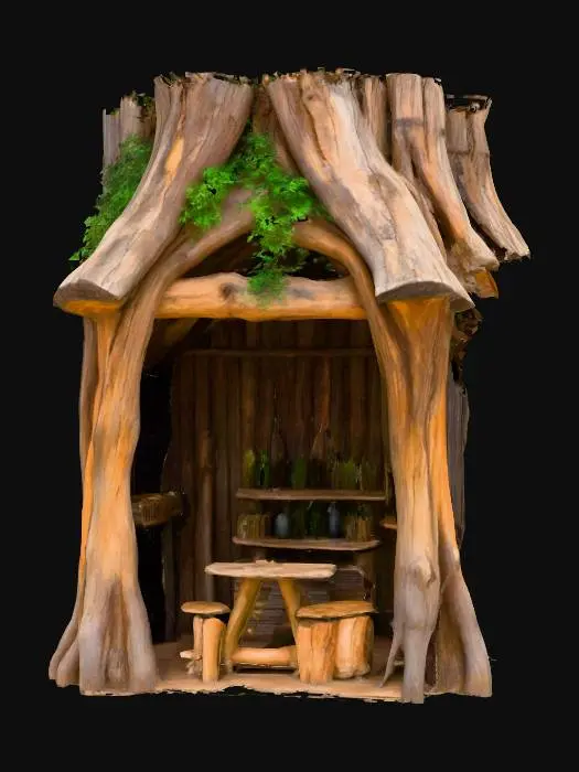 3D model for A rustic, open-fronted wooden structure crafted from massive, gnarled tree trunks and rough-hewn logs forming its walls and roof, giving it a deeply textured, organic appearance. The wood is a rich, varied brown, with visible bark and natural crevices. Its roof is partially covered with lush green foliage, appearing soft and leafy. Inside, sturdy wooden shelves are packed with numerous bottles and books, while a rough-hewn table and stools furnish the space, all made from raw, natural wood.