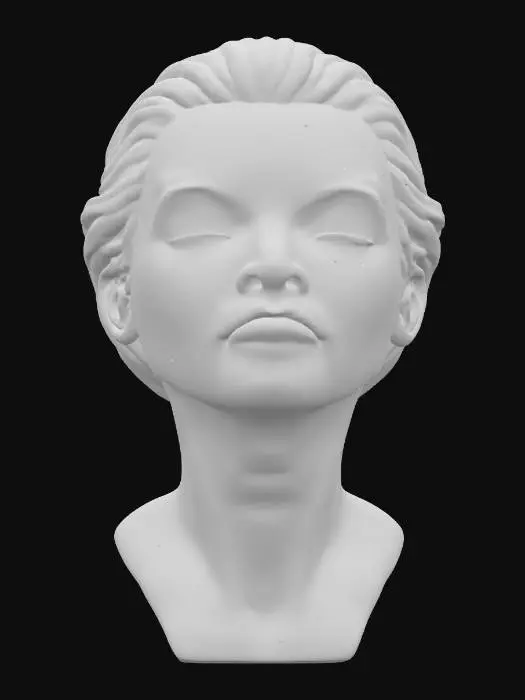 3D model for A captivating sculptural bust depicting a human-like head with closed eyes, seemingly in a state of calm repose, encompassed by an elaborate, twisting flow of abstract elements. The entire piece is rendered in a smooth, polished white or light grey material, possibly marble or resin, yet its surface is deeply carved with parallel, organic lines, creating a pronounced ridged texture. These intricate grooves are filled with brilliant, multicolored gradients, suggesting an inner light that makes the sculpture feel both solid and fluid.