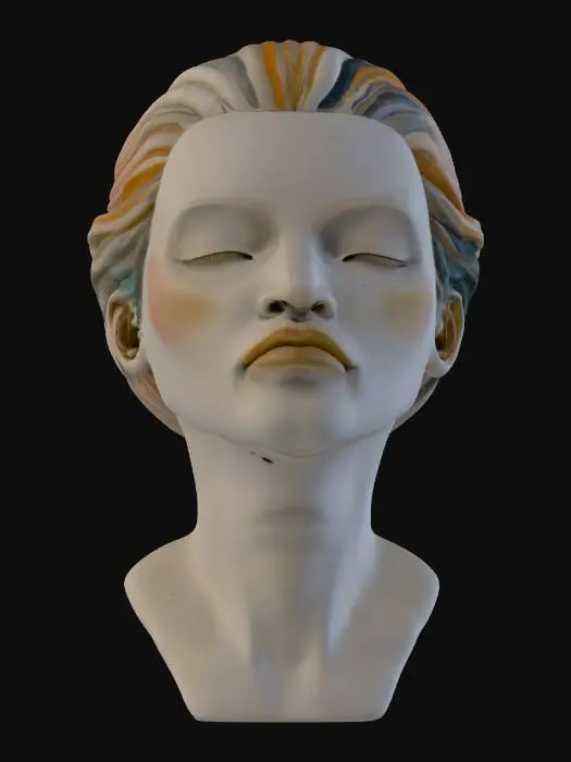 3D model for A captivating sculptural bust depicting a human-like head with closed eyes, seemingly in a state of calm repose, encompassed by an elaborate, twisting flow of abstract elements. The entire piece is rendered in a smooth, polished white or light grey material, possibly marble or resin, yet its surface is deeply carved with parallel, organic lines, creating a pronounced ridged texture. These intricate grooves are filled with brilliant, multicolored gradients, suggesting an inner light that makes the sculpture feel both solid and fluid.