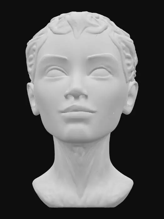 3D model for A captivating sculptural bust depicting a human-like head with open eyes, a slight smile seemingly in a state of calm repose, encompassed by an elaborate, twisting flow of abstract elements. The entire piece is rendered in a smooth, polished white or light grey material, possibly marble or resin, yet its surface is deeply carved with parallel, organic lines, creating a pronounced ridged texture. These intricate grooves are filled with brilliant, multicolored gradients, suggesting an inner light that makes the sculpture feel both solid and fluid. 