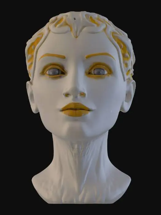 3D model for A captivating sculptural bust depicting a human-like head with open eyes, a slight smile seemingly in a state of calm repose, encompassed by an elaborate, twisting flow of abstract elements. The entire piece is rendered in a smooth, polished white or light grey material, possibly marble or resin, yet its surface is deeply carved with parallel, organic lines, creating a pronounced ridged texture. These intricate grooves are filled with brilliant, multicolored gradients, suggesting an inner light that makes the sculpture feel both solid and fluid. 