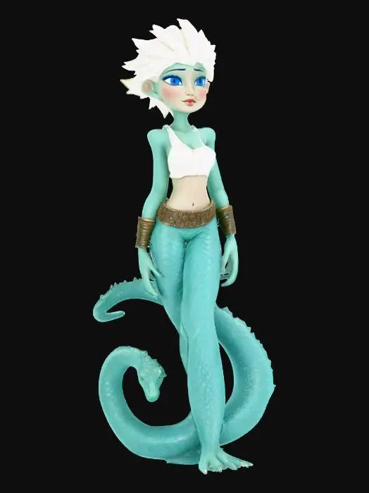 3D model for A graceful female naga figure, distinguished by her short, voluminous white hair and intense blue eyes. Her upper body is human-like with smooth, delicate skin, partially covered by a white, subtly wrinkled crop top. From her midriff, her form transforms into a long, coiled serpentine tail, intricately covered in vibrant teal and turquoise scales. These scales have a distinct, slightly rough texture, contrasting with the smooth, lighter-colored belly scales. She wears a sturdy, dark leather belt around her slender waist.
