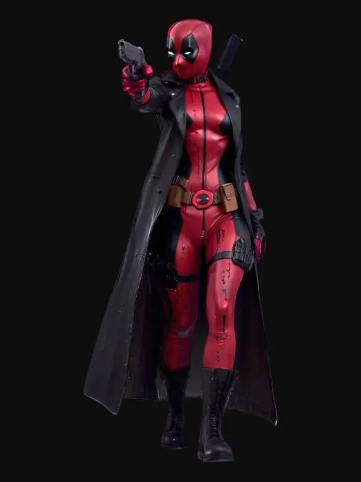 3D model for “Lady Deadpool in a sleek black-and-red stealth suit, perched on a rain-soaked rooftop aiming a silenced pistol with one hand while holding a sarcastic note in the other. Cyberpunk noir style with moody shadows