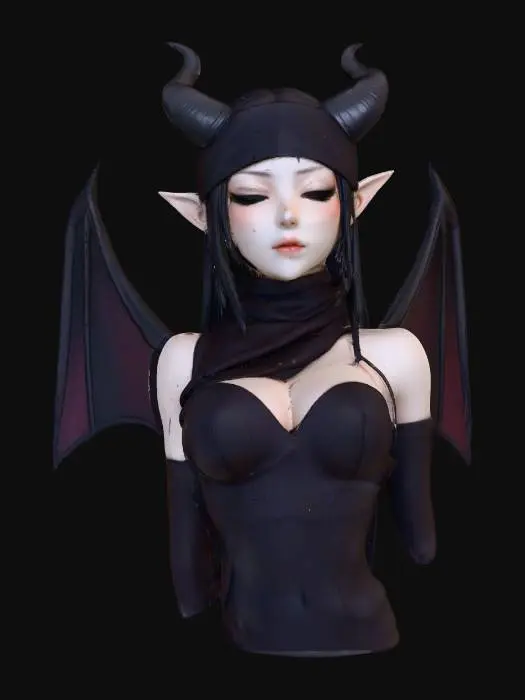 3D model for A beautiful demon girl bust, featuring a delicate, anime-styled face with smooth, pale skin and a serene expression, despite a large, smooth dark fabric blindfold obscuring her eyes. Her short, straight bob-cut hair is a glossy raven black, framing her face perfectly. Small, elegant, slightly curved black horns protrude from her temples, appearing smooth and polished. The overall form is graceful and clean, emphasizing her refined features and subtle demonic traits.